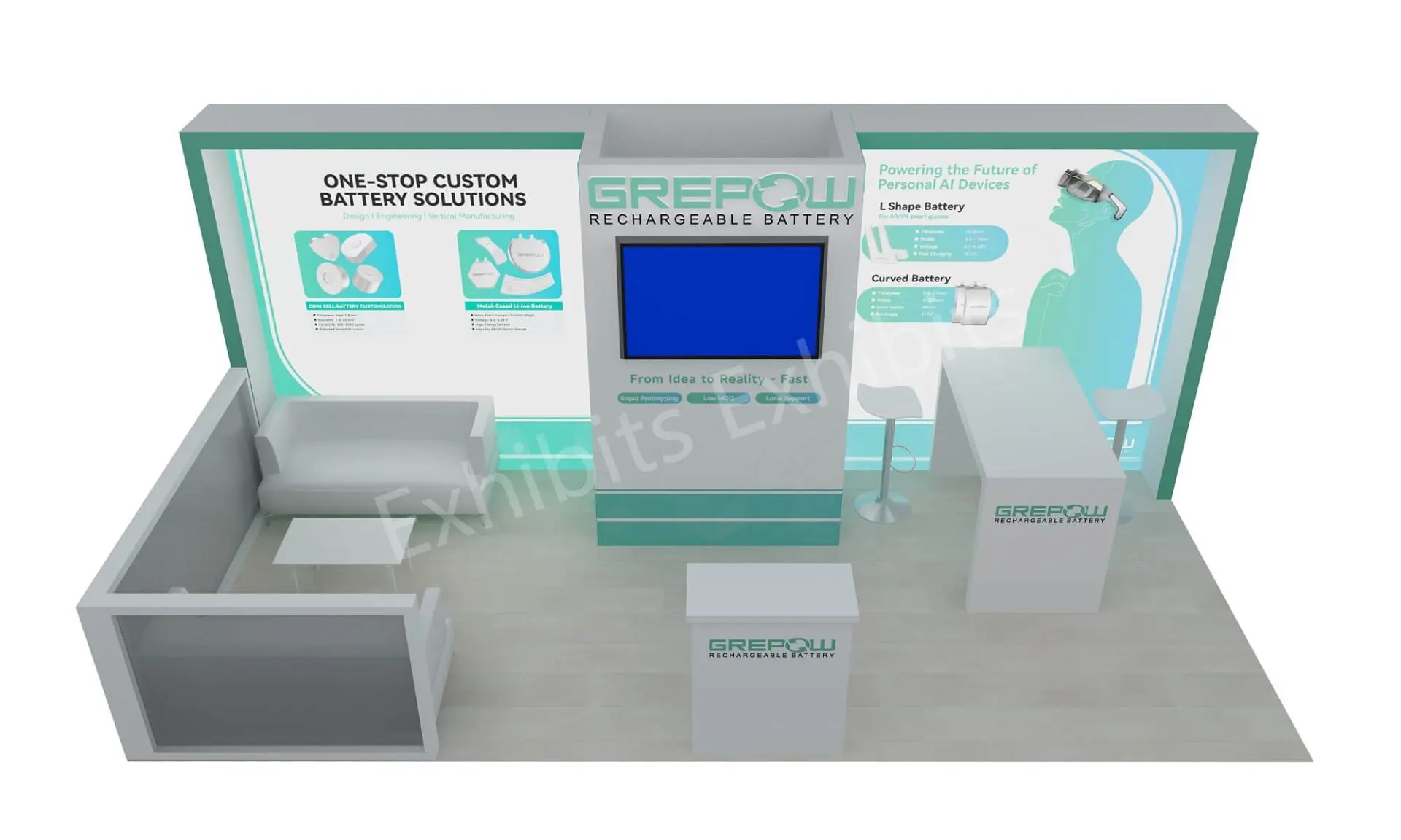 Front 3D rendering of GREPOW’s modular 10x20 booth with two conversation areas
