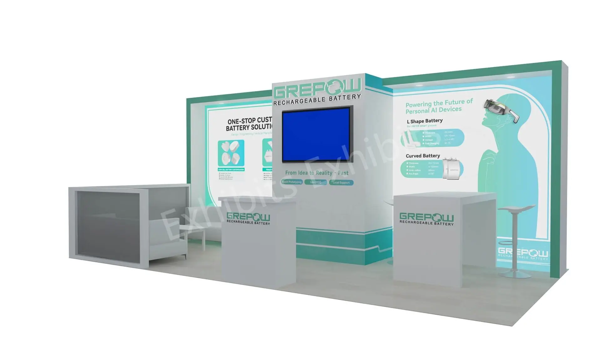 Angled 3D view of GREPOW’s battery-solution booth with monitor tower and high seating