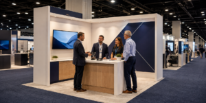 Business visitors meeting at a contemporary trade show booth in Las Vegas
