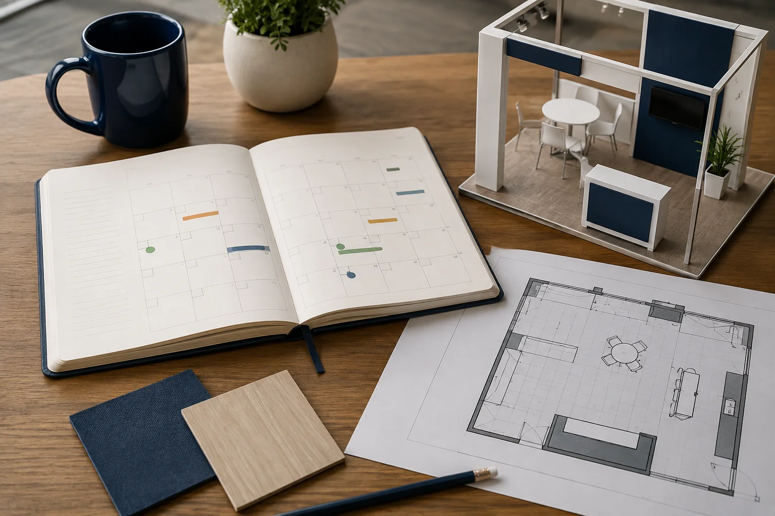 Trade show booth planning calendar with layout drawings and material samples