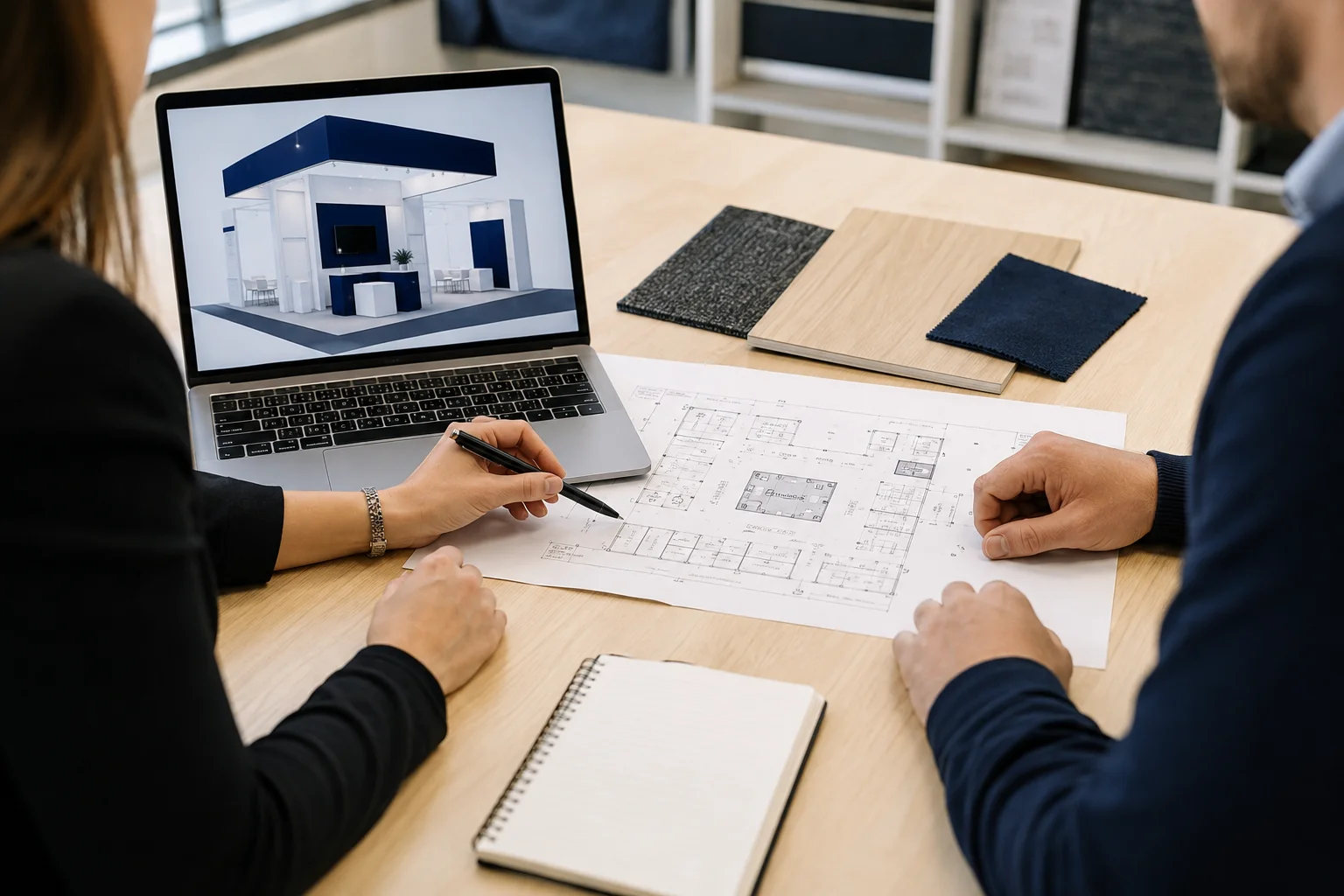 Exhibitor and booth designer reviewing a floor plan, exhibit rendering, and material samples