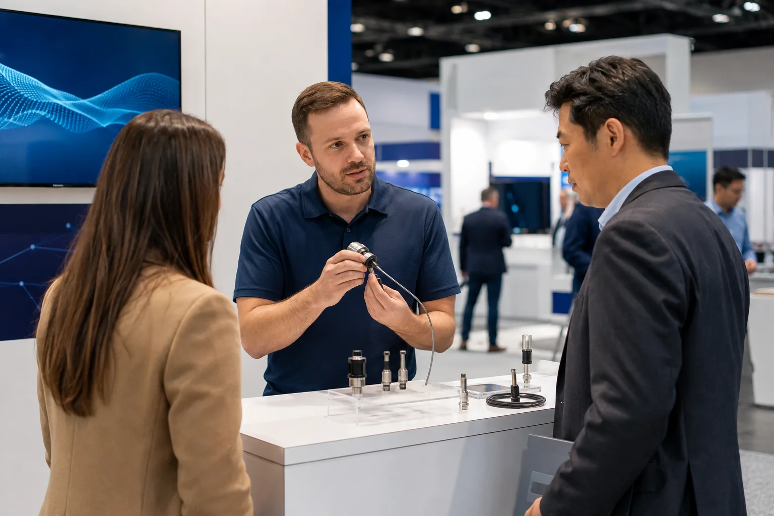 Exhibitor demonstrating a product to two interested business buyers at a trade show