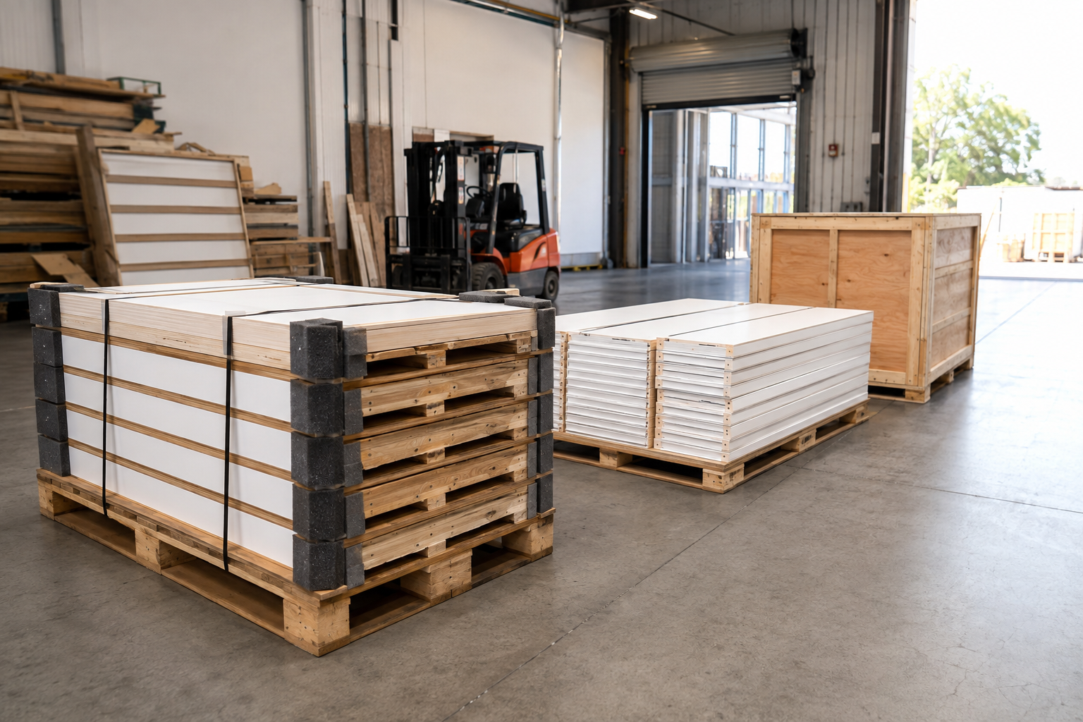Wood-framed exhibit wall panels secured on pallets beside shipping crates in a warehouse