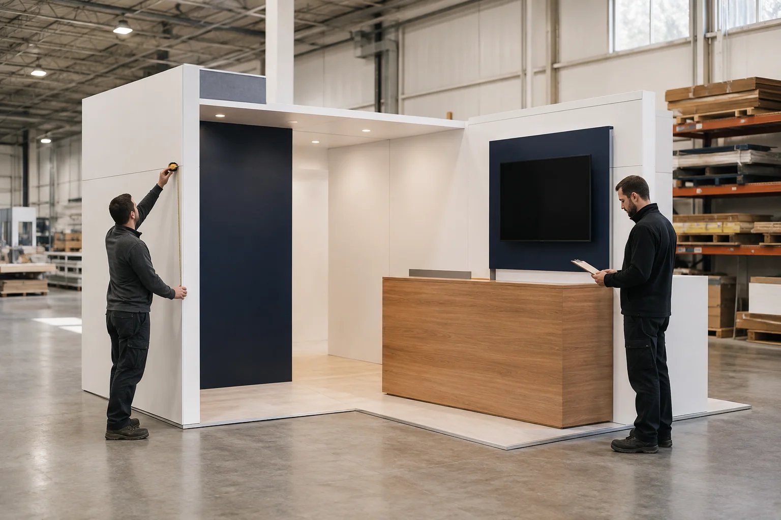 Exhibit technicians checking a preassembled booth before packing and shipping