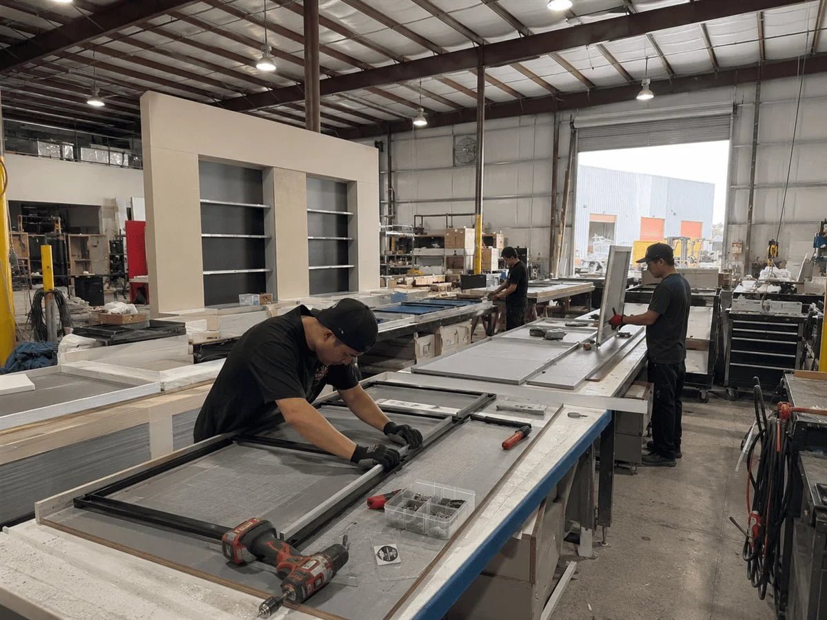 Technicians testing LED walls and lighting systems