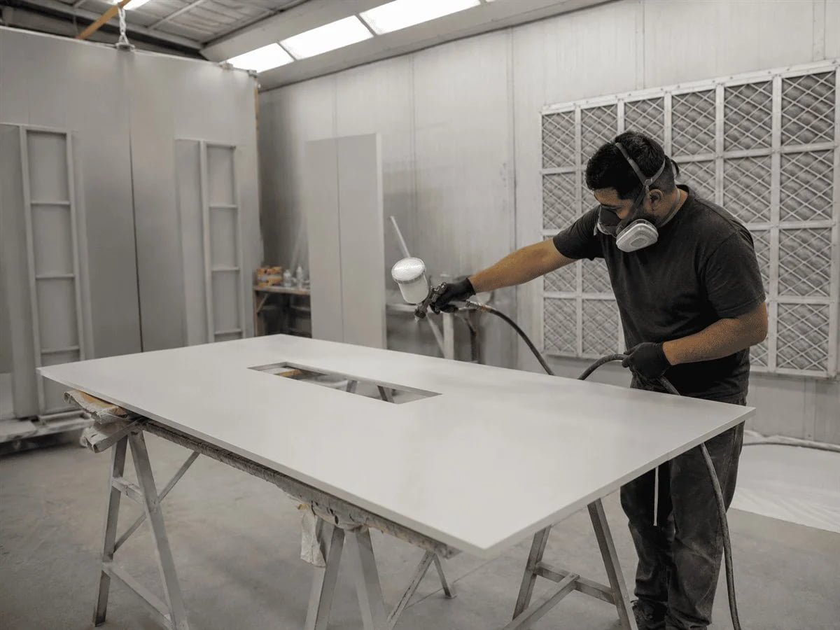 Paint booth with exhibit components receiving finishing touches