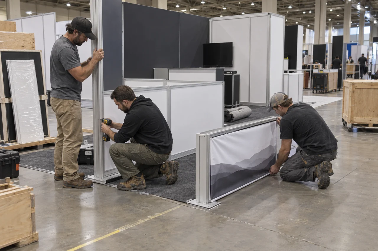 Illustration of a crew assembling booth frames and fitting fabric graphics in a convention hall