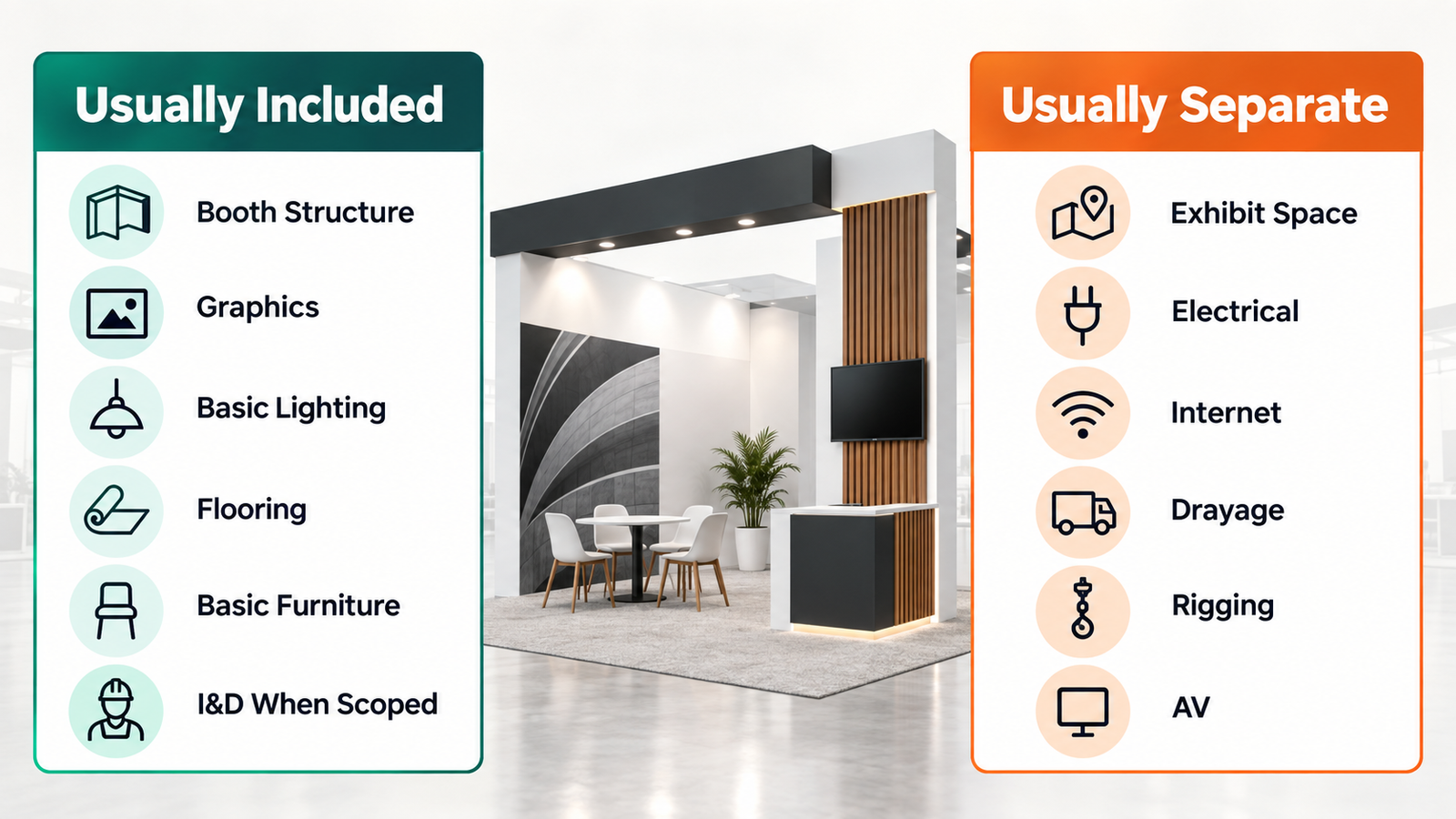 trade show booth rental cost items usually included versus billed separately
