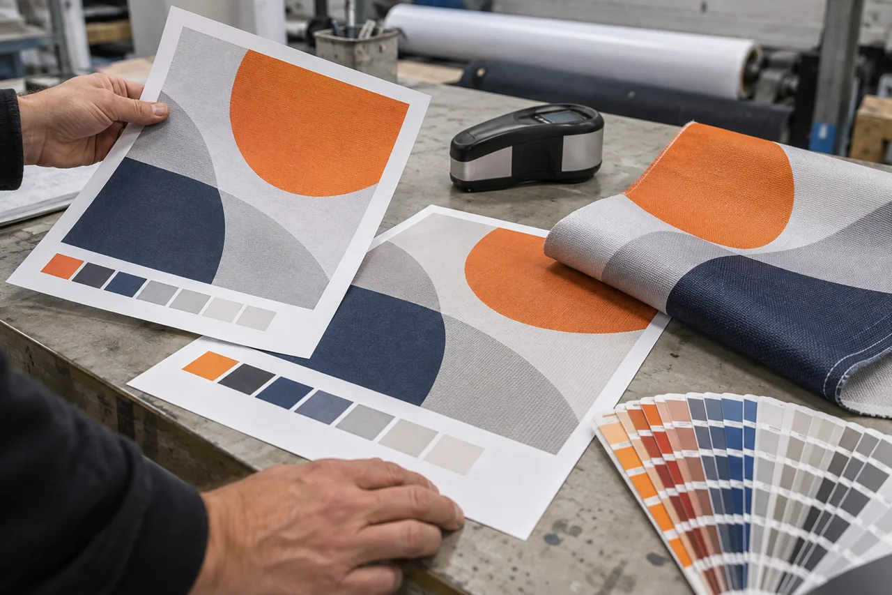 Illustration of printed color proofs and fabric samples being compared
