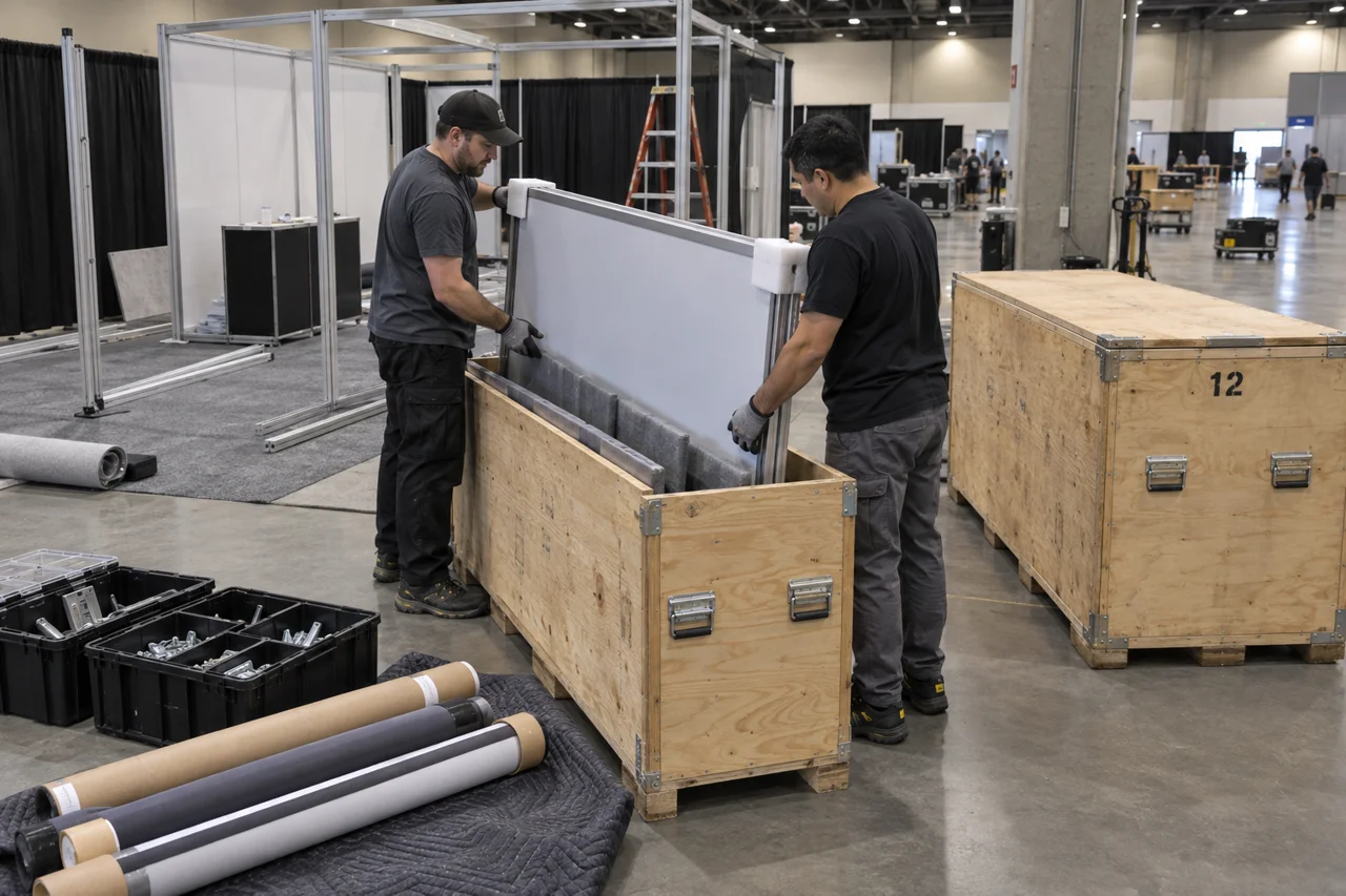 Illustration of dismantled booth panels being protected and repacked into a shipping crate