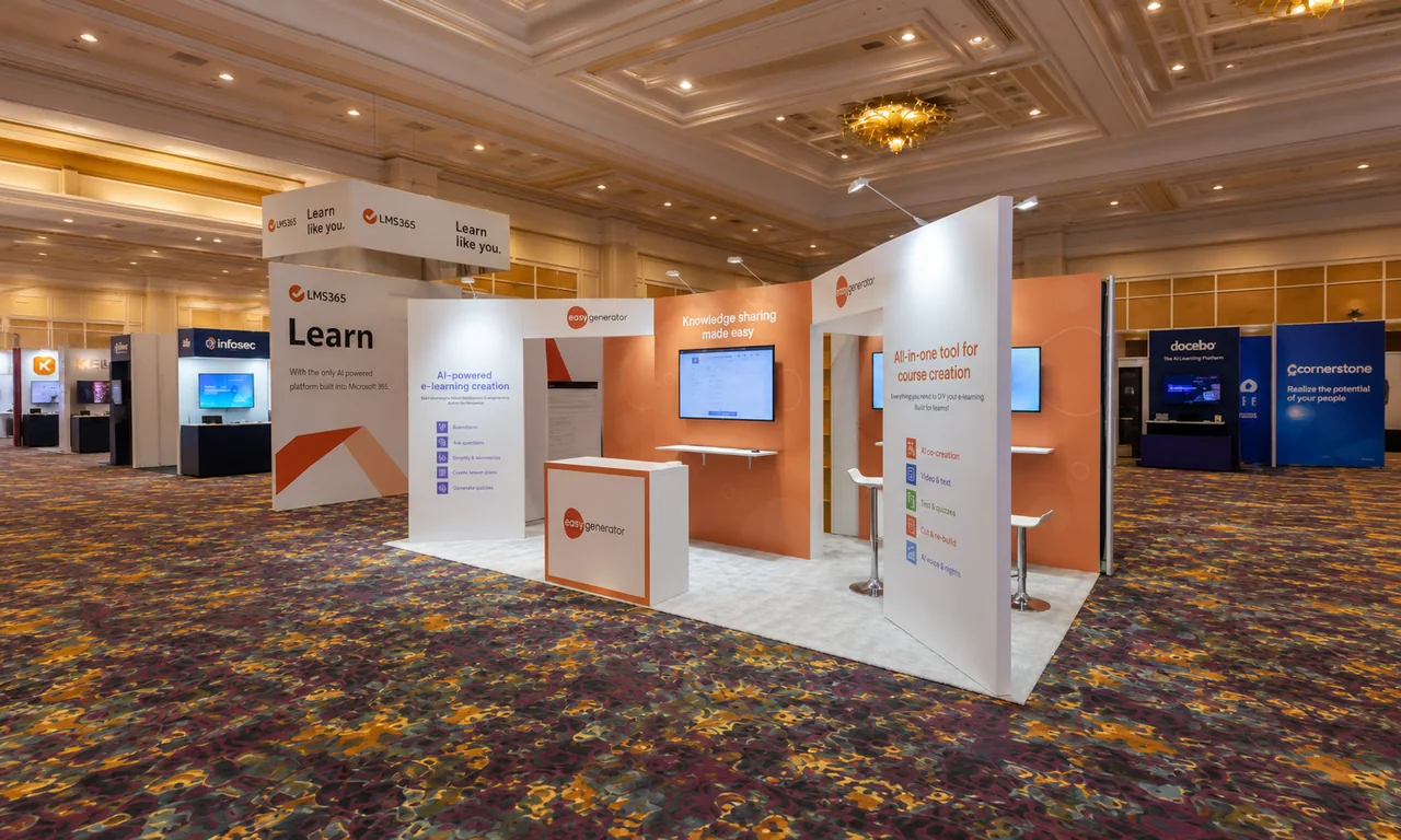 Completed Easygenerator 10x20 trade show booth at DevLearn 2023 in Las Vegas