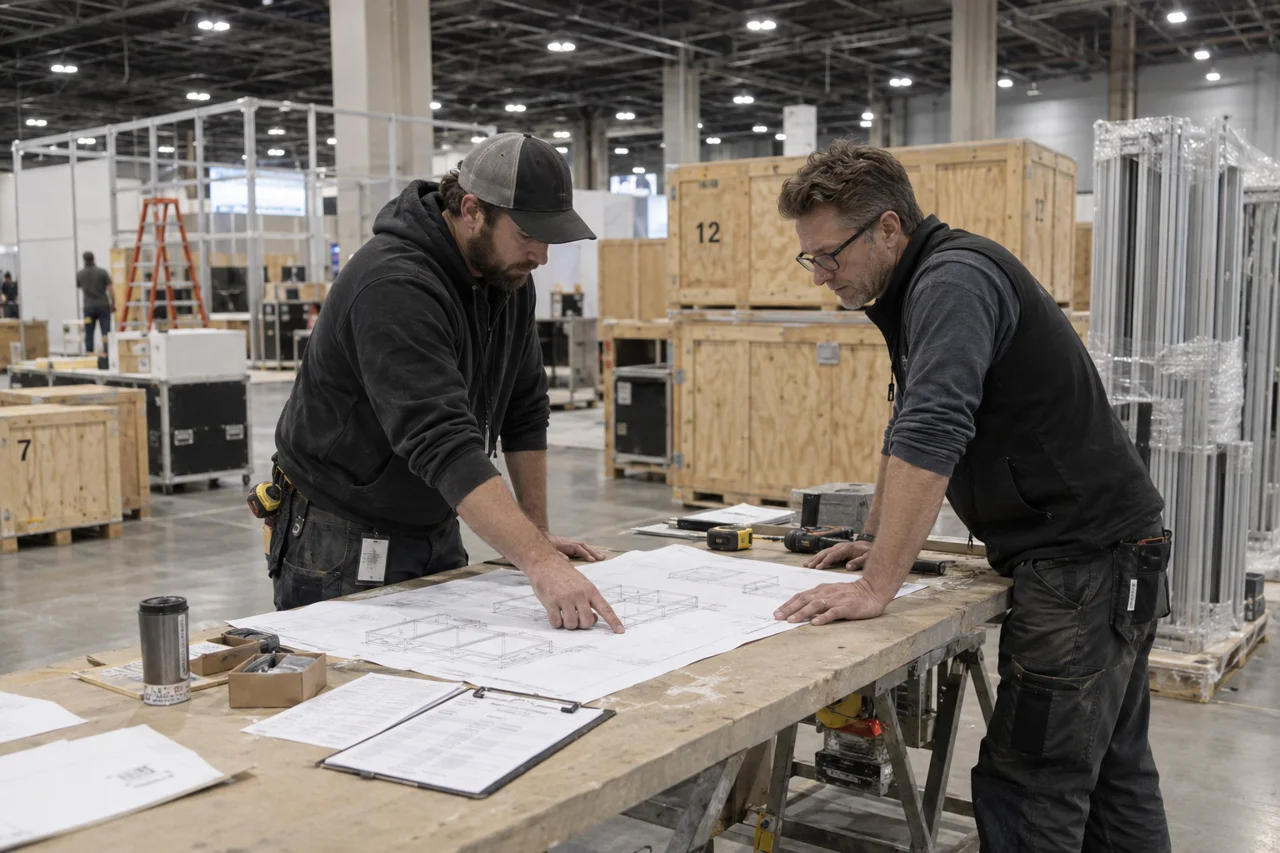 Illustration of technicians reviewing booth assembly drawings and a packing checklist before installation