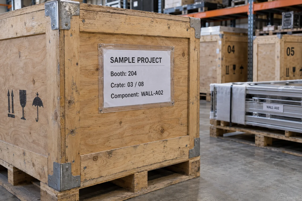 Illustration of an exhibit crate label with project, booth, crate and component identifiers