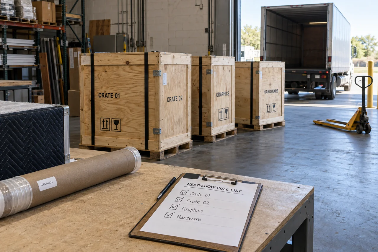 Illustration of checked exhibit crates and a next-show pull list ready for carrier pickup