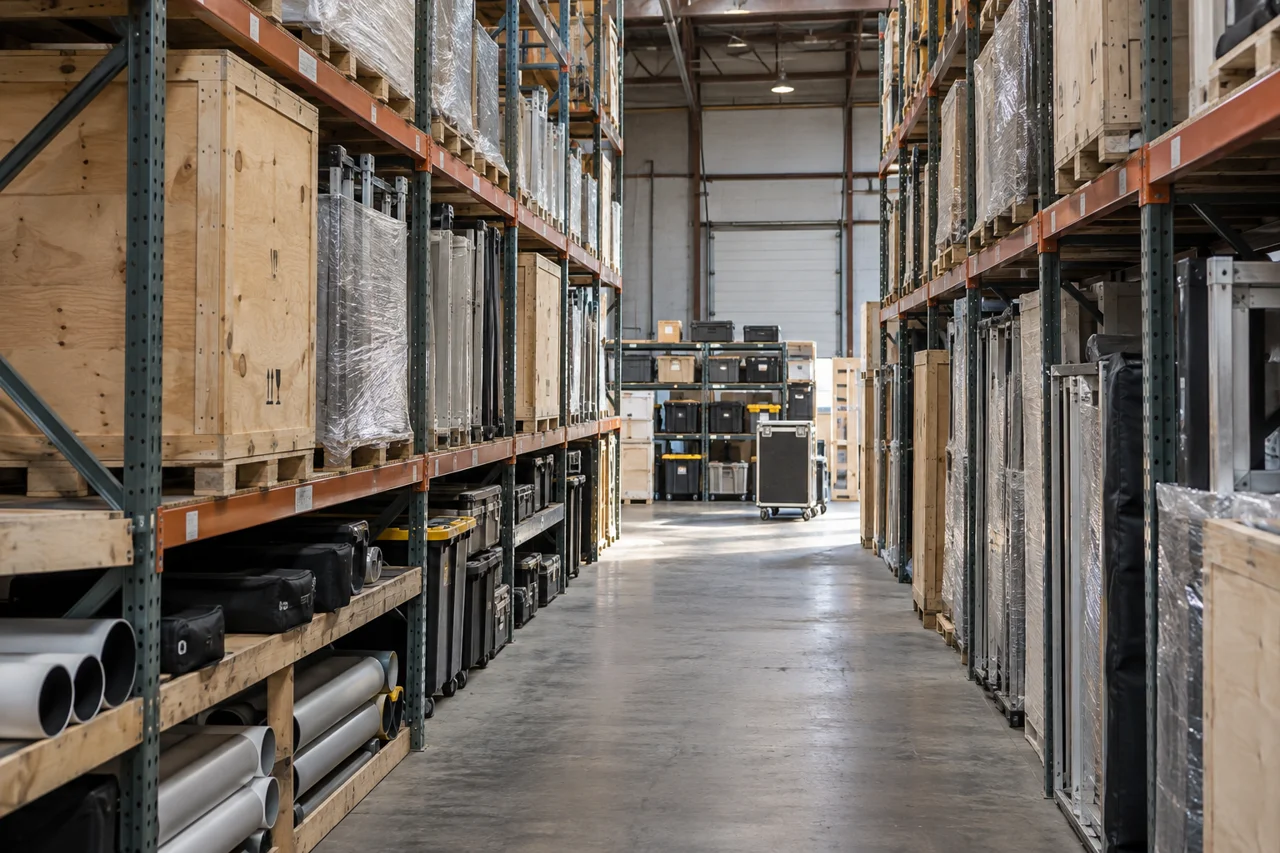 Illustration of organized exhibit crates, booth components and accessories on warehouse racks