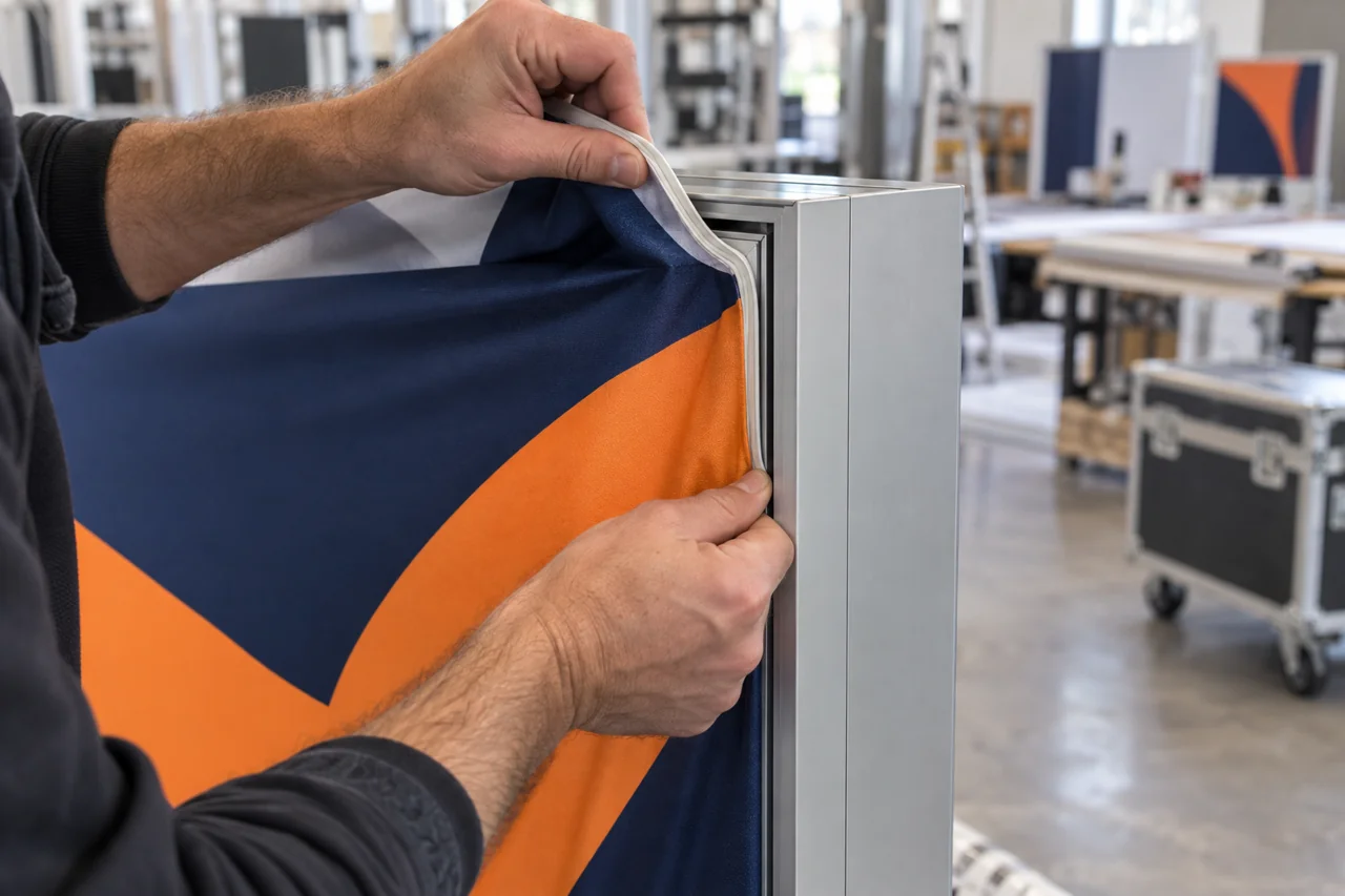 Illustration of silicone-edge fabric graphics being fitted into an aluminum display frame