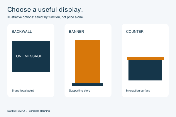 Backwall, banner stand, and counter options for compact trade show booths