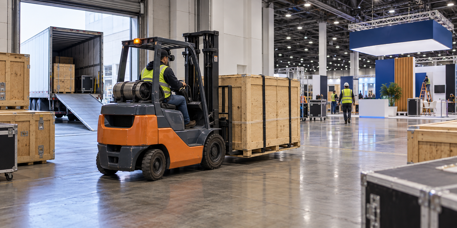 Forklift moving crated trade show booth freight from the convention center dock to the show floor