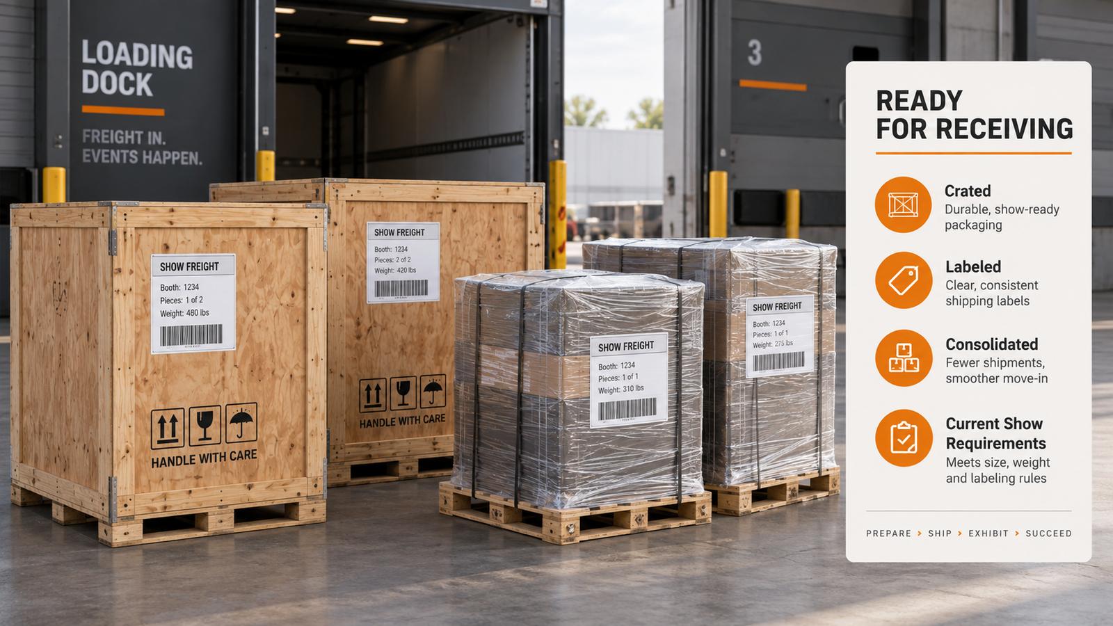 crated labeled consolidated exhibit freight prepared for show receiving