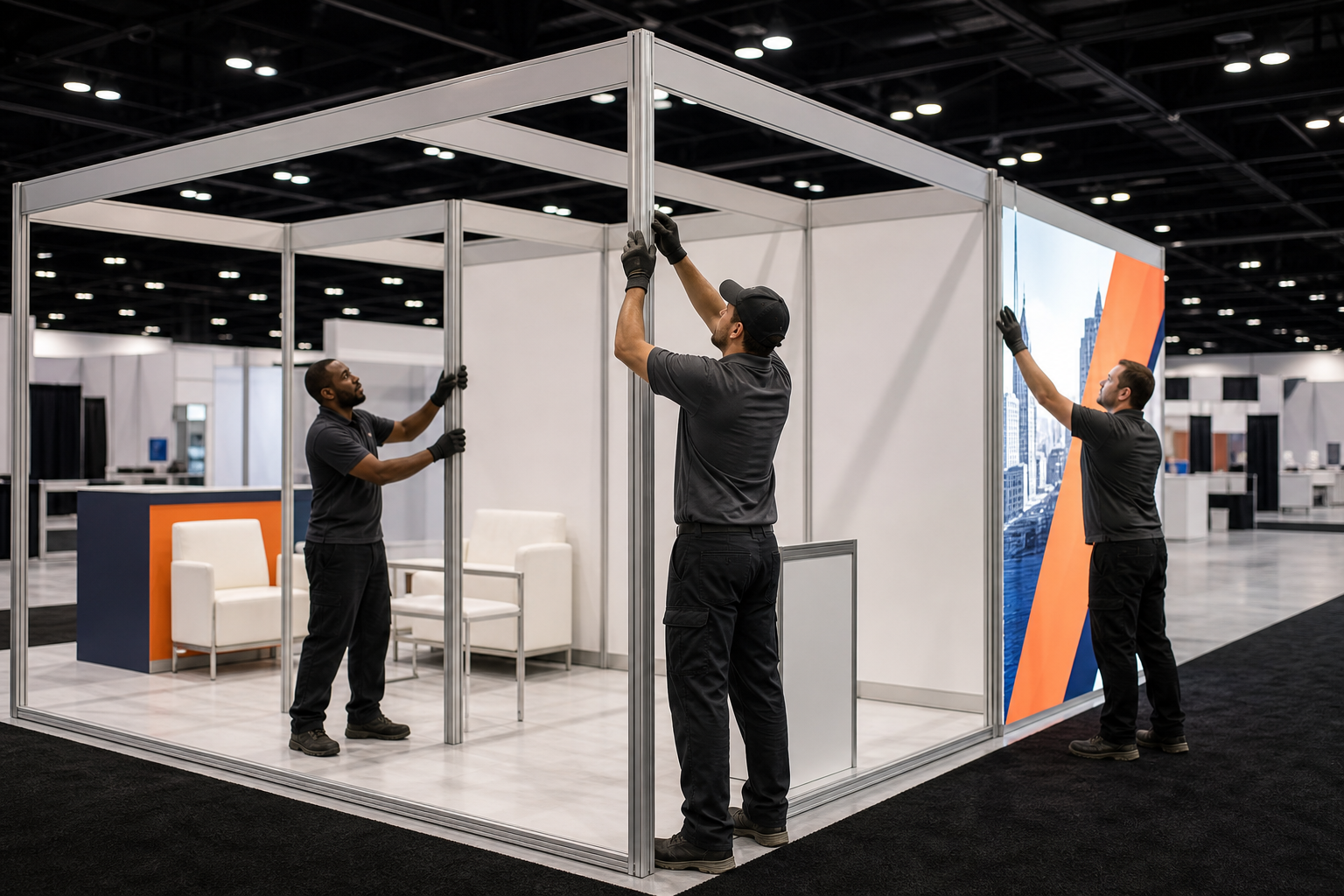 Trade show booth installation crew assembling an exhibit