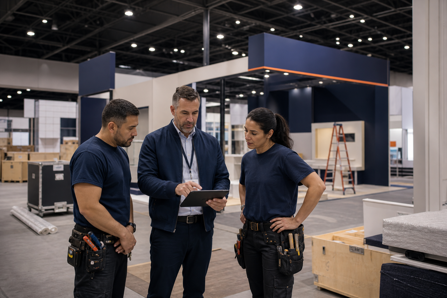 Trade show project manager coordinating booth installation