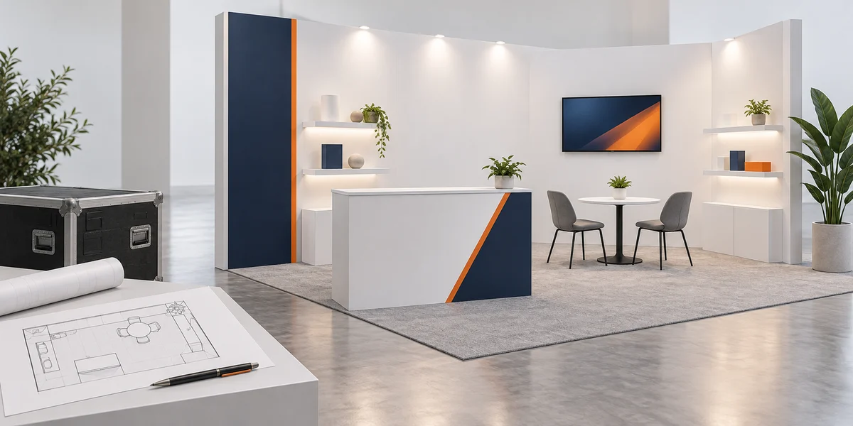 Booth-planning concept with a reception counter, product displays, monitor and meeting table
