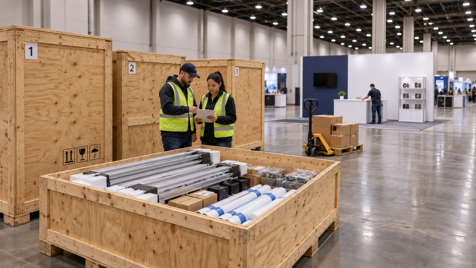 Illustrative freight handoff with protected booth components, labeled crates and a simple modular exhibit