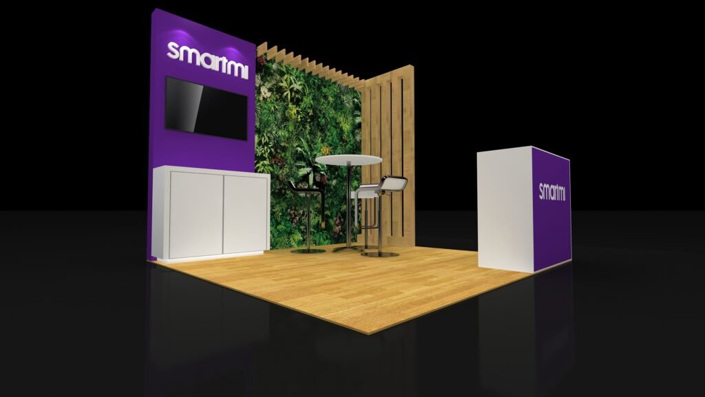 Perspective rendering of 10x10 booth EXM-1010-001 with greenery backwall, monitor panel, meeting table and reception counter