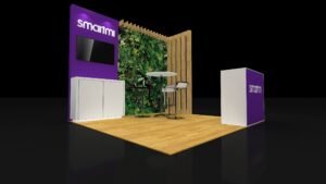 Perspective rendering of 10x10 booth EXM-1010-001 with greenery backwall, monitor panel, meeting table and reception counter