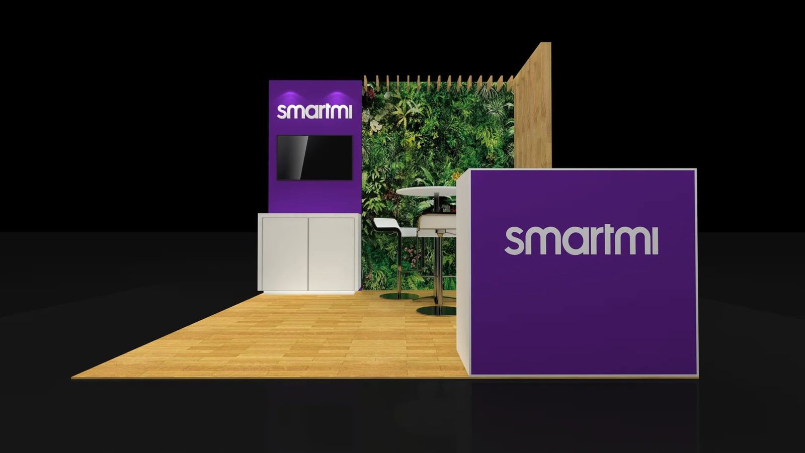 Front view of EXM-1010-001 showing the branded reception counter and monitor above a storage cabinet