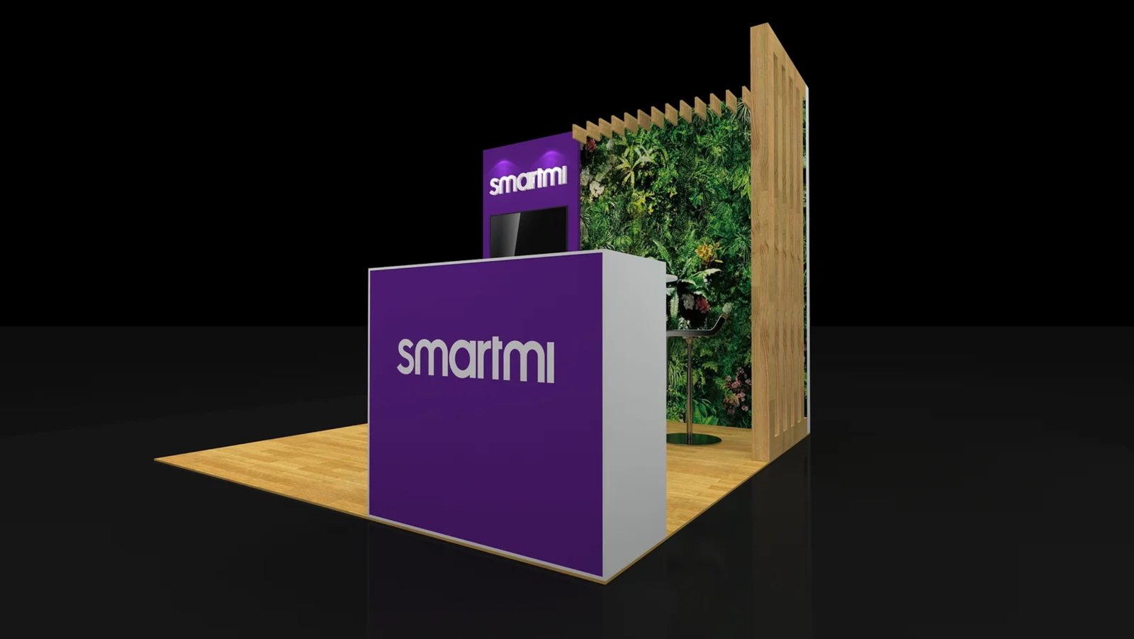 Side perspective of EXM-1010-001 highlighting the reception counter and wood-look slat detail