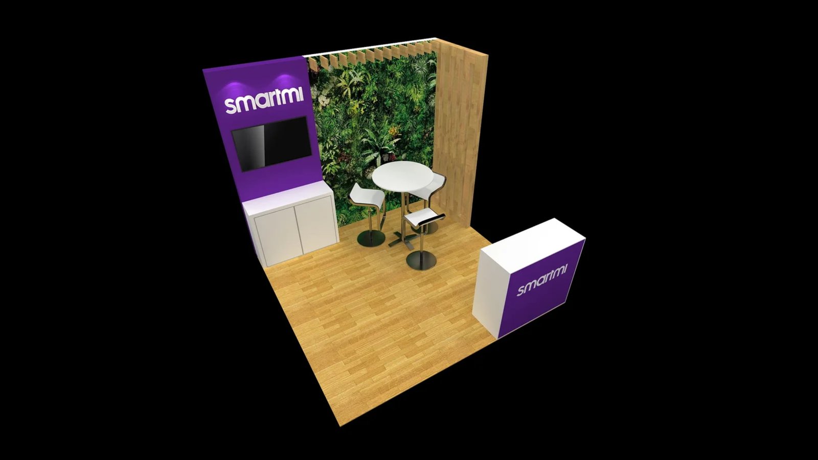 Elevated view of the 10x10 booth layout with a high-top table, three stools and open visitor area