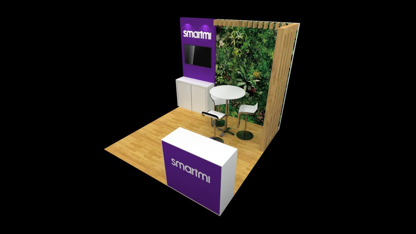 Overhead perspective of EXM-1010-001 showing the greenery backdrop, cabinet and reception counter