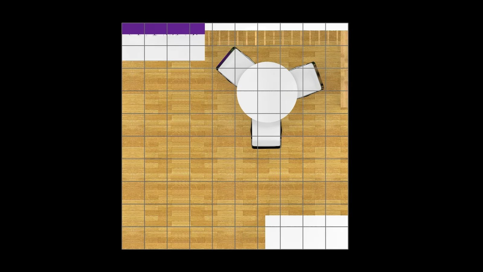 Top-down floor plan of 10x10 booth EXM-1010-001 showing furniture positions and circulation space
