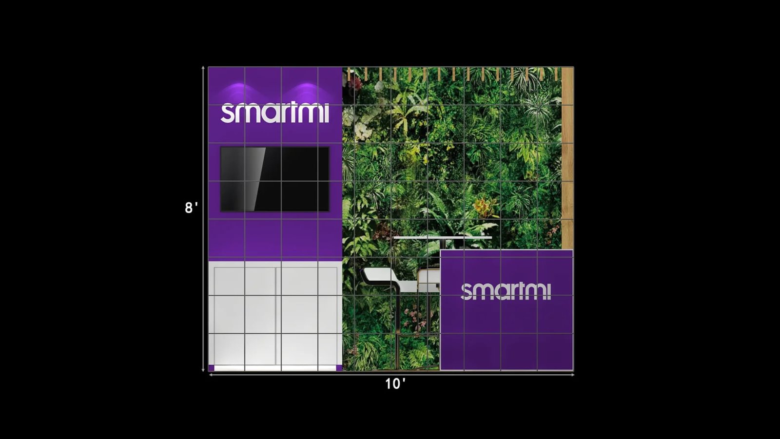 Front elevation of EXM-1010-001 with a 10-foot-wide and 8-foot-high backwall