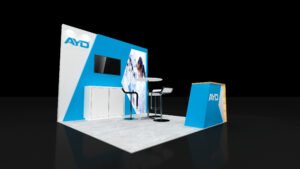 Front perspective of EXM-1010-002 10x10 booth with blue and white geometric backwall