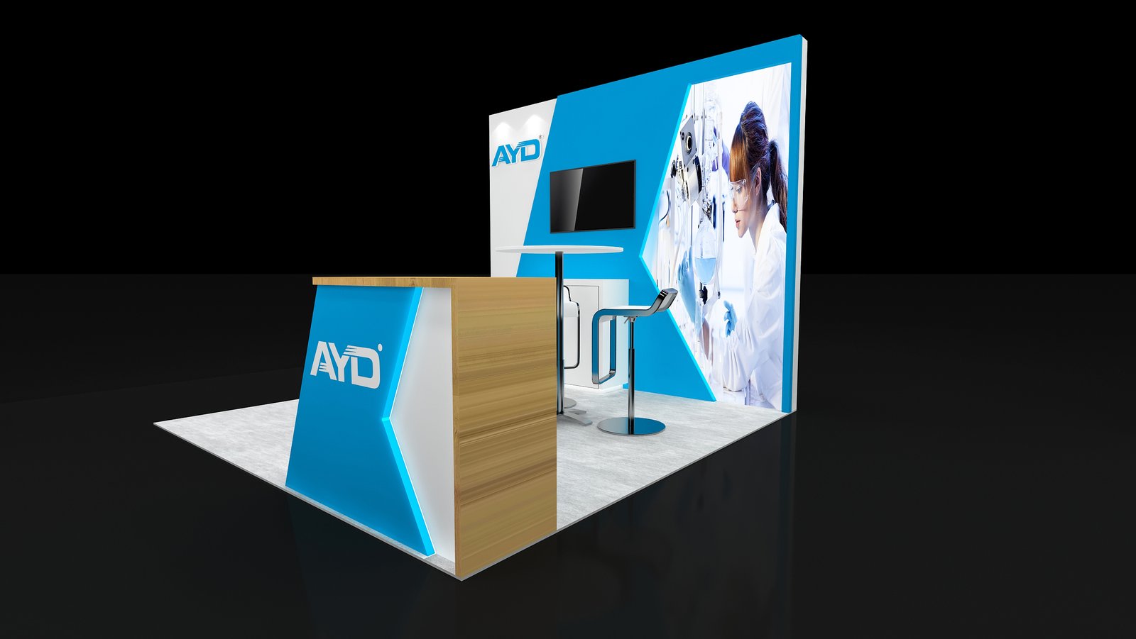 Side perspective showing the wood-look counter finish and graphic panel