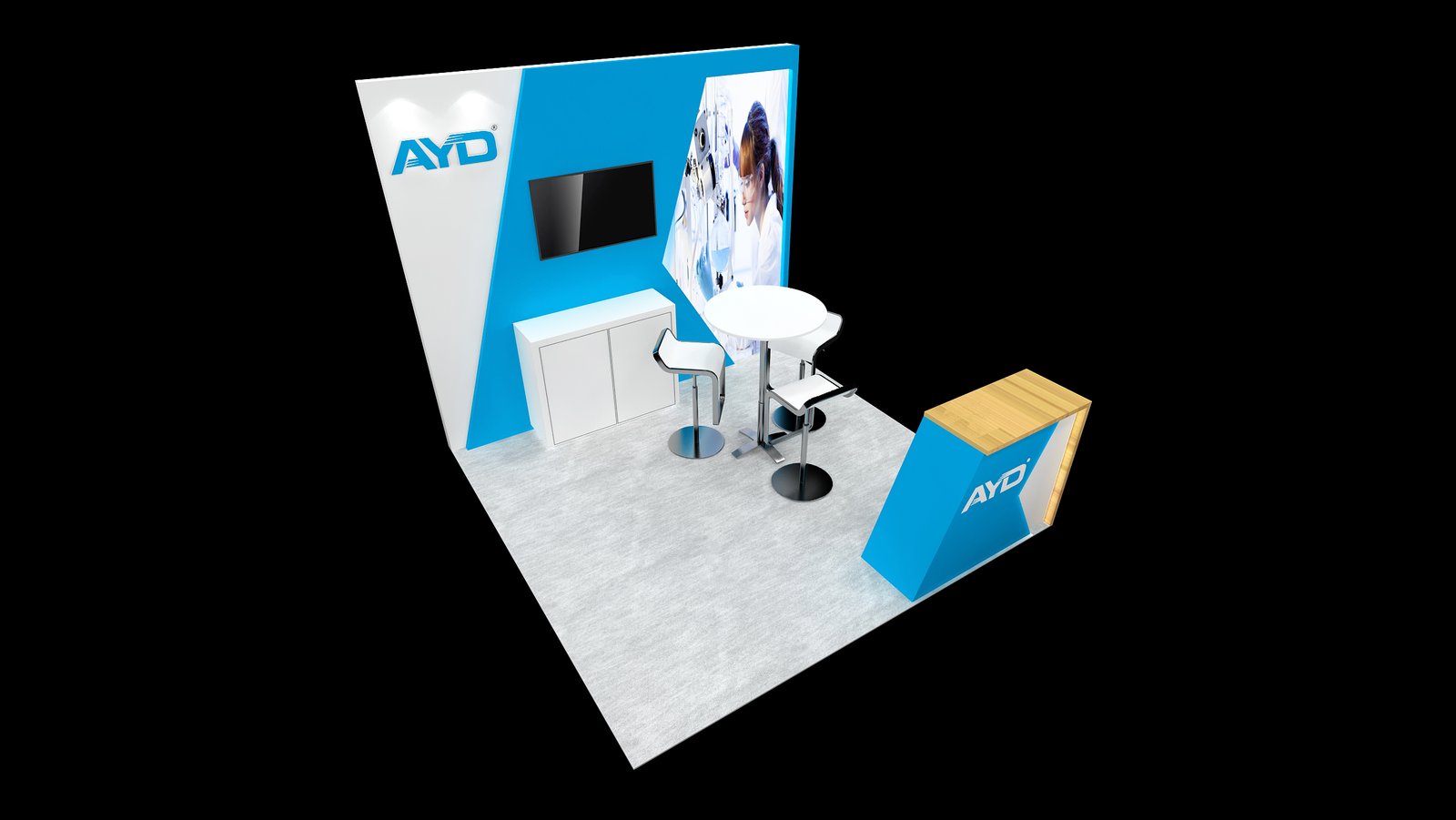 Elevated view of the 10x10 layout with three stools, meeting table and rear cabinet