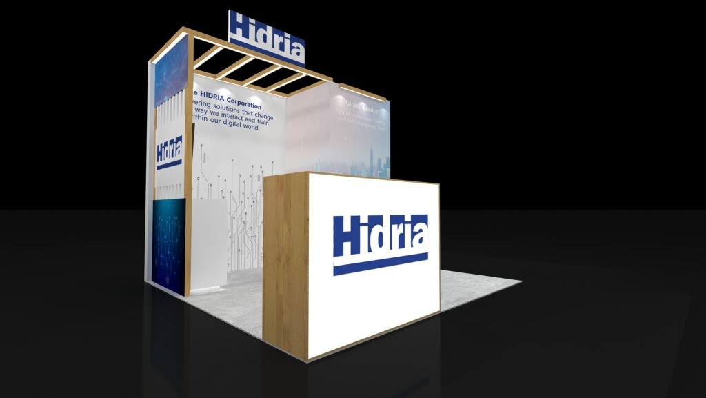 Perspective of EXM-1010-003 10x10 booth with wood-look overhead frame, raised logo sign and reception counter