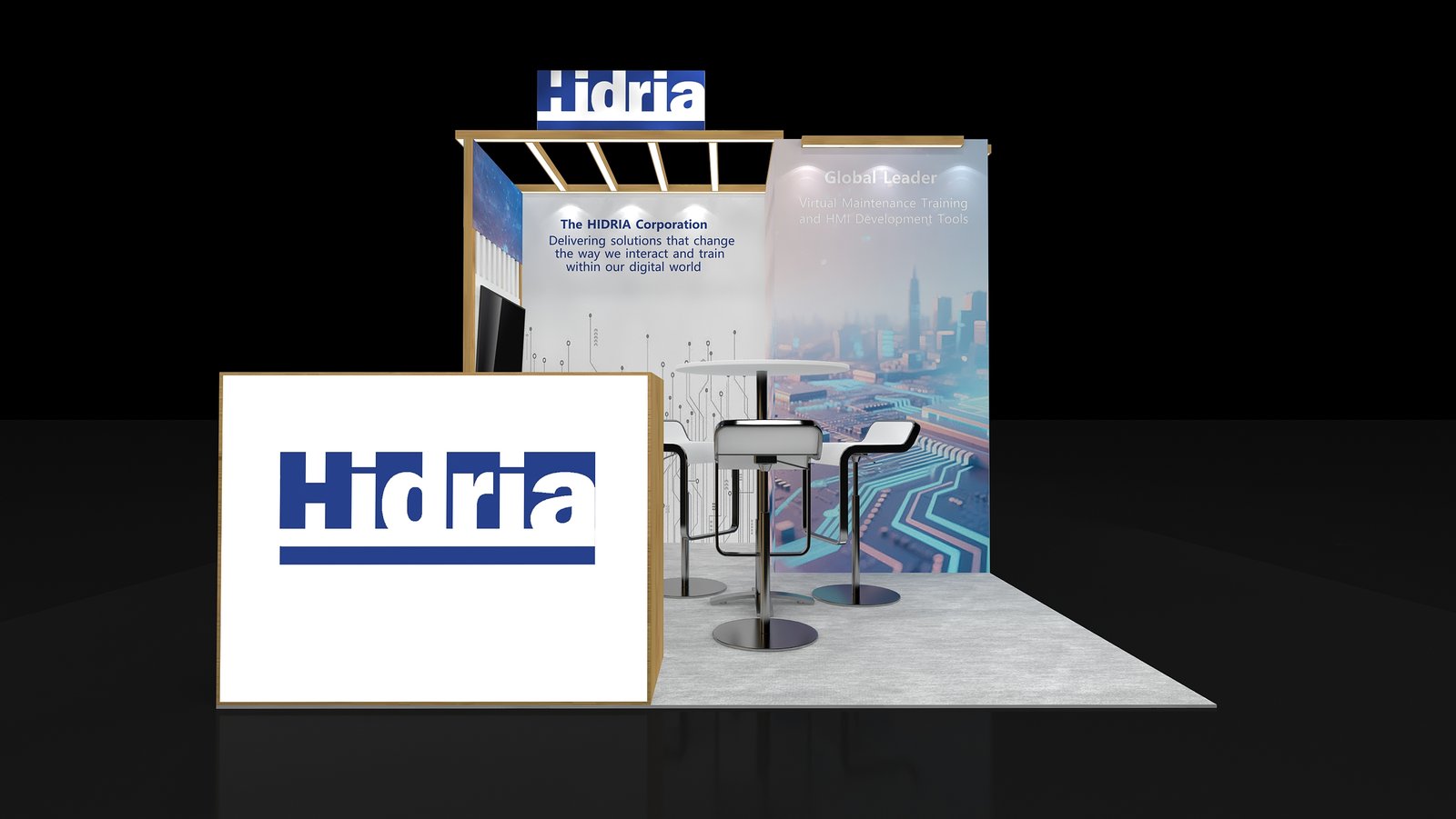 Front view of EXM-1010-003 showing the open slatted frame, branded counter and meeting stools