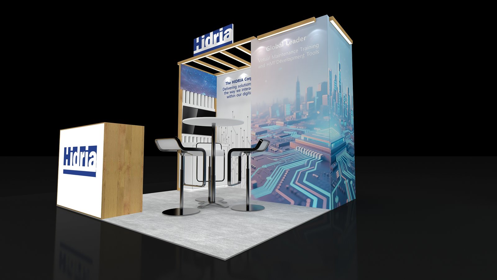 Side perspective of EXM-1010-003 with monitor panel, wood-look counter and full-height graphic wall