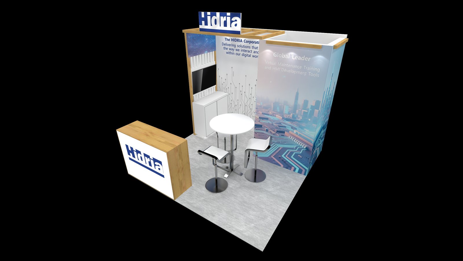 Elevated interior view of EXM-1010-003 with wall-mounted monitor, white storage cabinet and round table