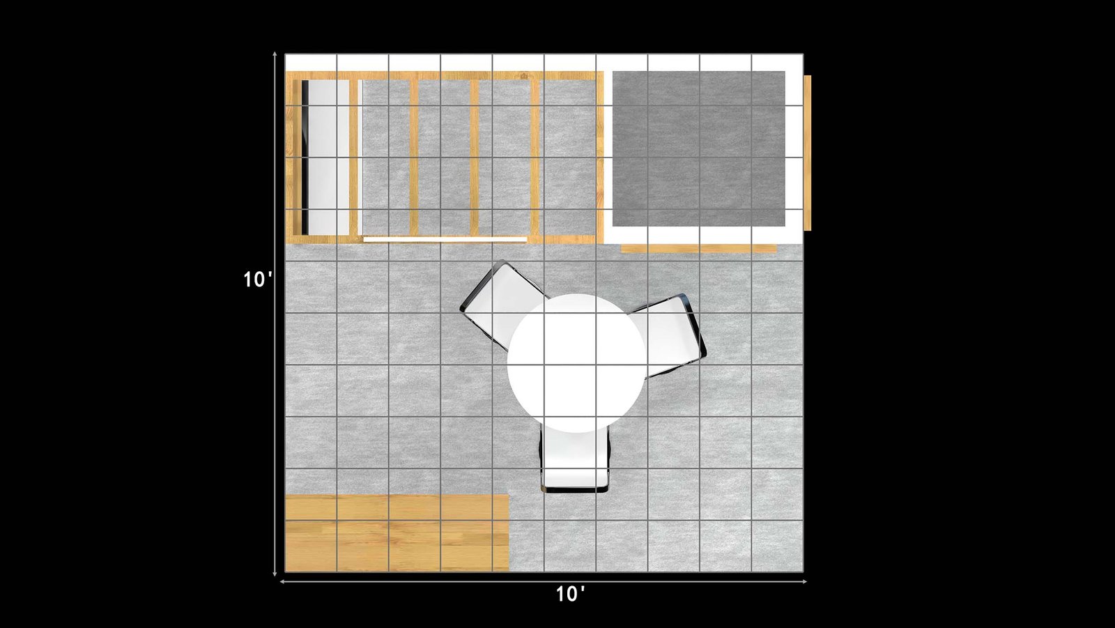 Top-down floor plan of EXM-1010-003 labeled 10 feet wide by 10 feet deep