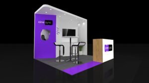 Perspective of EXM-1010-004 10x10 booth with purple graphic wall, lighted white canopy and wood-look counter