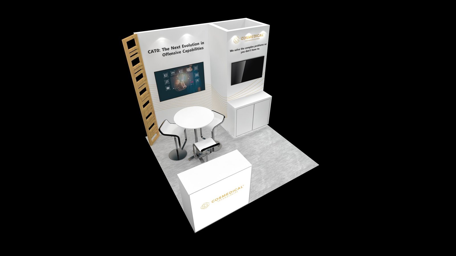 Elevated view of EXM-1010-005 showing round table, three stools and reception counter