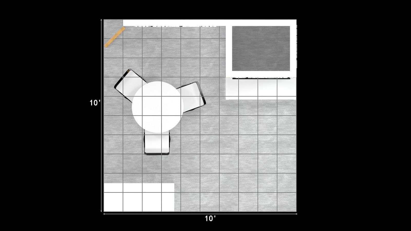 Top-down grid plan of EXM-1010-005 labeled 10 feet by 10 feet