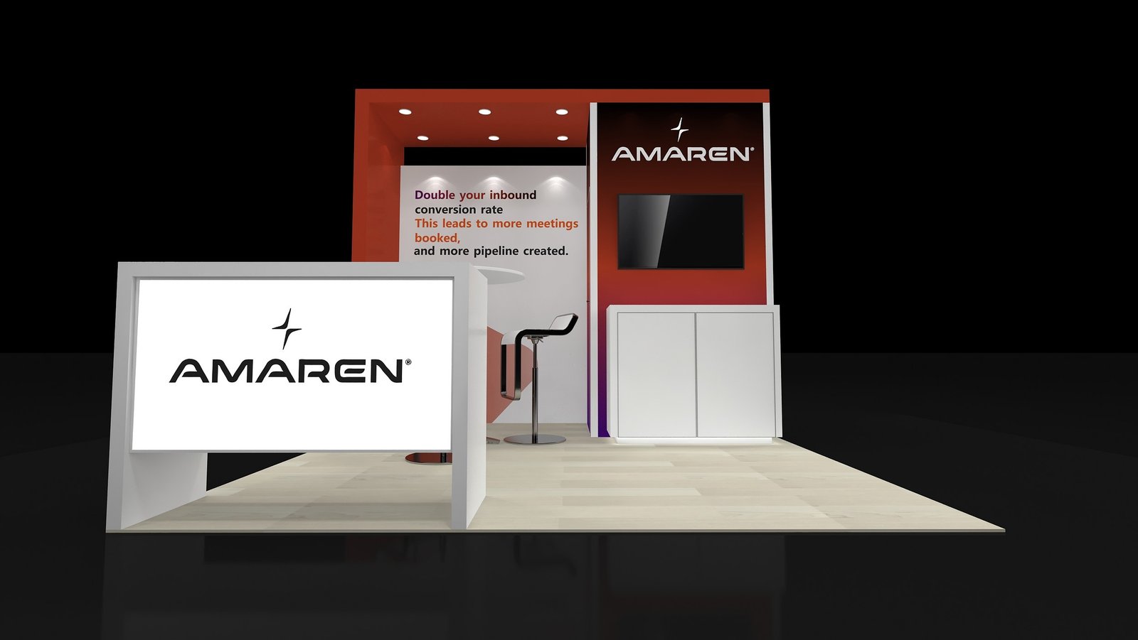 Front view of EXM-1010-006 with red graphic backwall, monitor and white cabinet