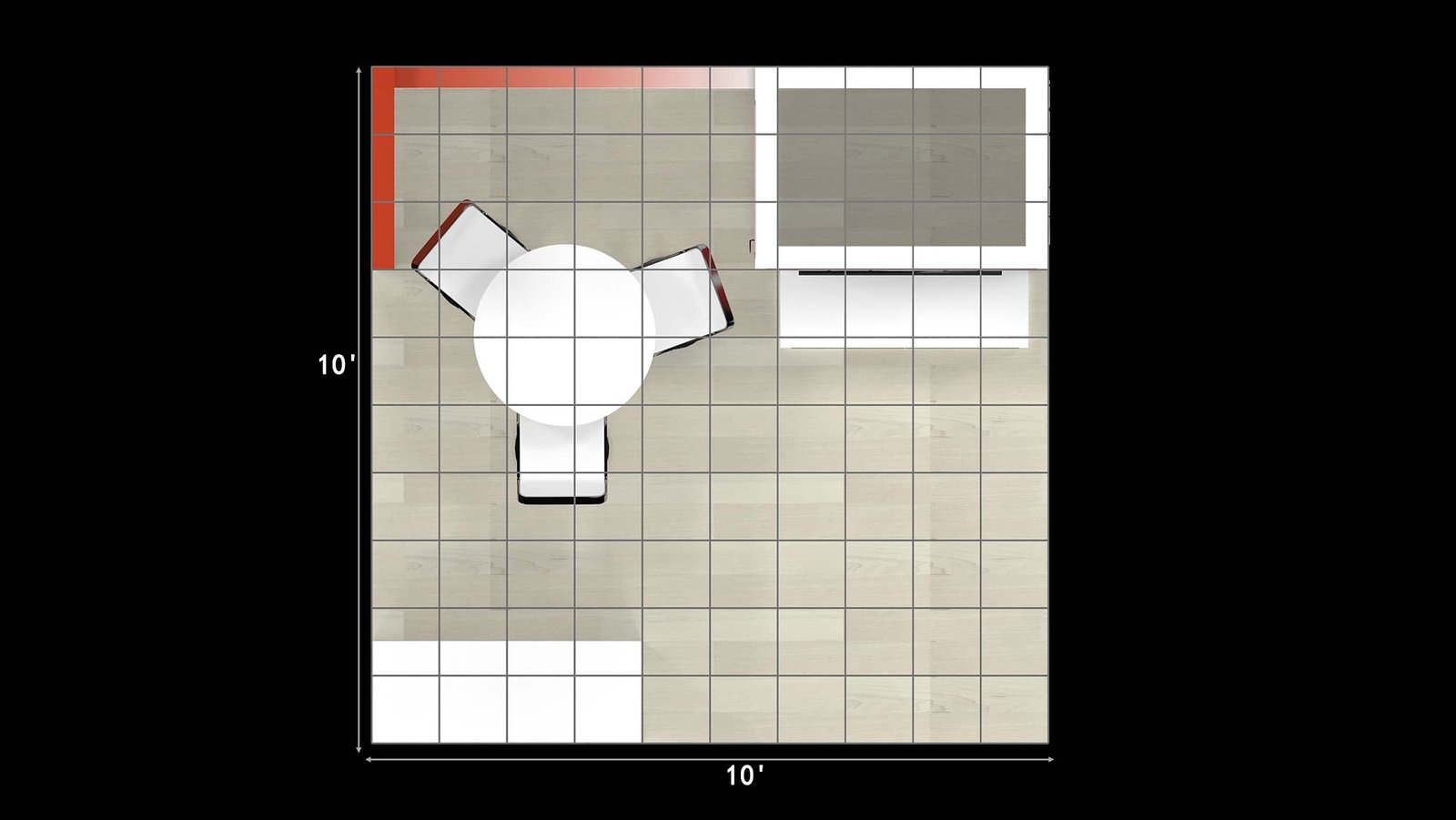 Top-down grid plan of EXM-1010-006 labeled 10 feet by 10 feet
