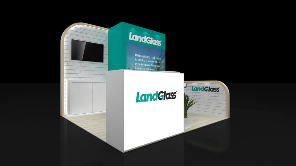 Perspective of EXM-1010-008 showing a rounded white monitor wall, teal graphic panel and reception counter