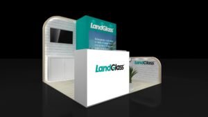 Perspective of EXM-1010-008 showing a rounded white monitor wall, teal graphic panel and reception counter